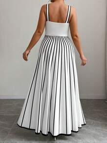Elenzga Plus Size Women Summer Striped Maxi Casual Slip Dress - Black and White - View 2