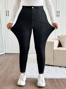 SHEIN Frenchy Plus Size Women's Black Pocketed Skinny Casual Pants, Versatile