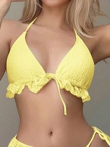 Swim Mod 3件套女士沙滩度假纯色荷叶边挂脖系带比基尼套装 夏季 - 黃色 - 查看 6