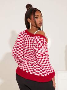 SHEIN SXY Plus Size Women Checkered Pattern Long Sleeve Single-Breasted Casual Cardigan, Autumn/Winter