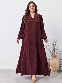 Al Najma Große Größen V-Ausschnitt Langarm Schweizer Punkt Maxikleid im arabischen Stil, elegantes bescheidenes Tunika Maxikleid, für Reisen/ Alltag/Zuhause/Urlaub