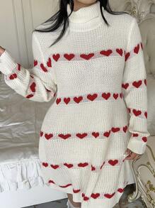 Flirla 新品秋冬温暖心形图案长袖毛衣裙，包含情人节、玫瑰、心形、圆点、爱心、嘴唇、丘比特、141D 花朵等元素 - 杏色 - 查看 5