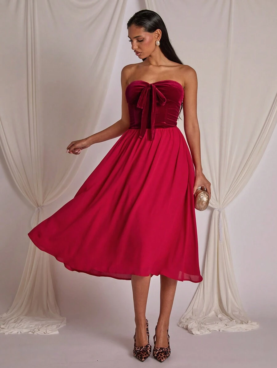 COSMINA Women's Elegant Patchwork Strapless Midi Dress For Party - Red - View 1