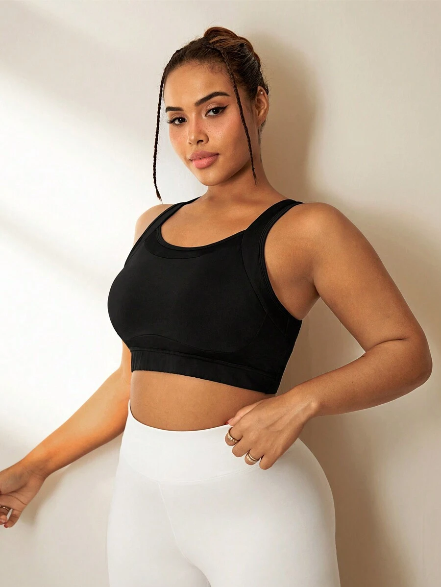 Easithlete Plus Size Contrasting Slogan Elastic Sports Bra - White - View 1