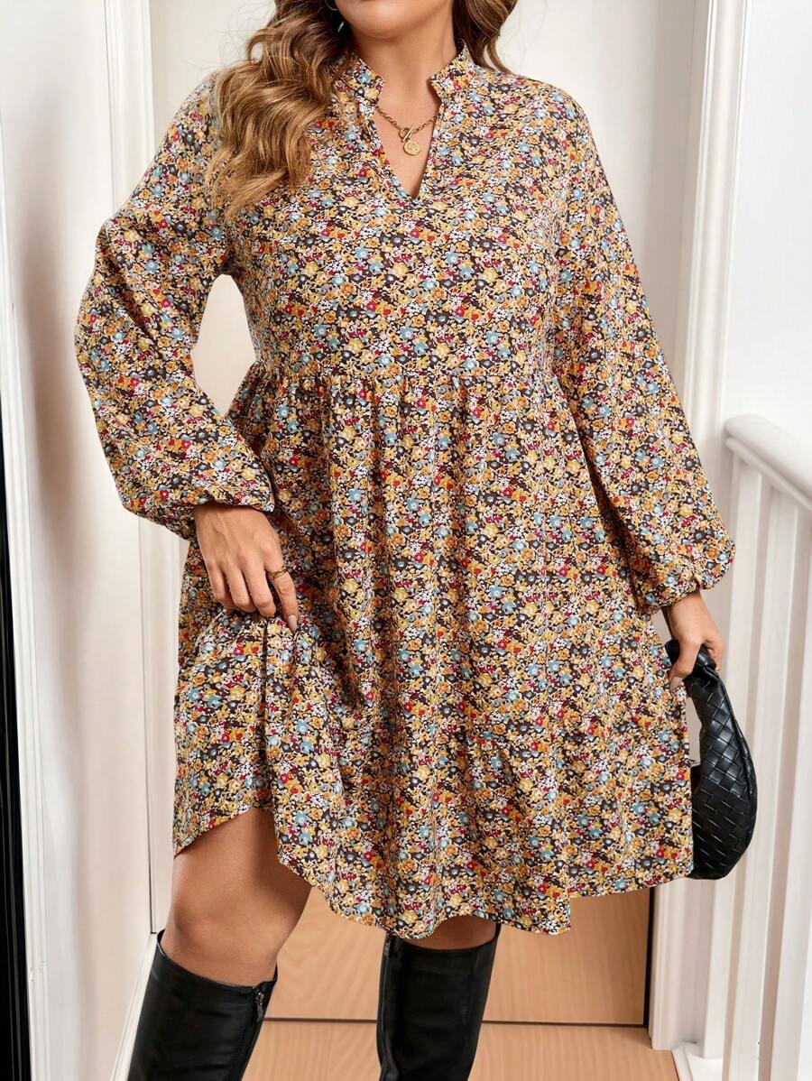 SHEIN Clasi 大码女式花卉印花灯笼袖连衣裙，秋季 - 彩色 - 查看 1