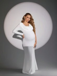 SHEIN Maternity Solid Color Asymmetrical Neck Long Sleeve Fitted Photoshoot Dress