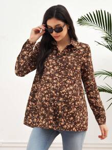 SHEIN Blusa de manga larga con estampado floral, botones y cuello de solapa para maternidad