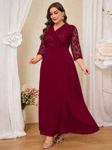 SHEIN Belle 大码优雅编织对比蕾丝 A 字形连衣裙，婚礼宾客礼服