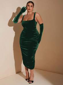 SHEIN BAE Plus Size Fall Sweet And Elegant Woman Black Velvet Large Square Collar Gathered Mid-Length Dress, Suitable For Night Parties And Formal Banquets Fall Wedding Guest Dress Homecoming Dresses