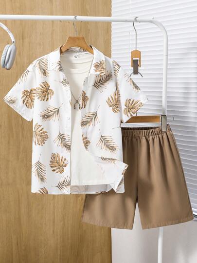 SHEIN 2pcs Tween Boy Casual Vacation Short Sleeve Floral Shirt And Shorts Set, Suitable For Commuting, School, Casual Daily, Sports, Spring/Summer, Travel & Beach