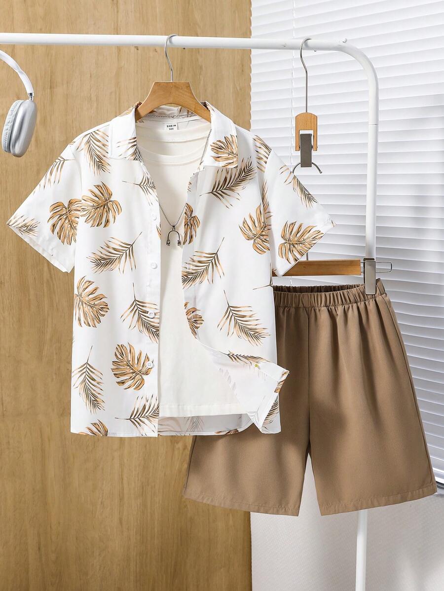 SHEIN Bộ 2 áo sơ mi hoa ngắn tay và quần short thường ngày cho bé trai tuổi mới lớn, thích hợp mặc khi đi làm, đi học, thường ngày, thể thao, xuân/hè, du lịch & bãi biển - Màu Khaki - Xem 1
