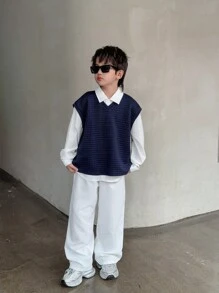 SHEIN Buy 2 Get 1 Free: Tween Boy Casual Korean Style Loose Fit Comfortable, Fashionable & Versatile Long Sleeve Collared Shirt, Button Down Blouse, Textured Vest And White Long Pants Outfit Set, Suitable For Back To School, Daily Wear, Travel, Sports, Autumn/Winter - White - View 3