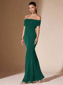 SHEIN BAE 女士纯色露肩性感透明优雅鱼尾露背修身舞会长裙 - 墨綠色 - 查看 5