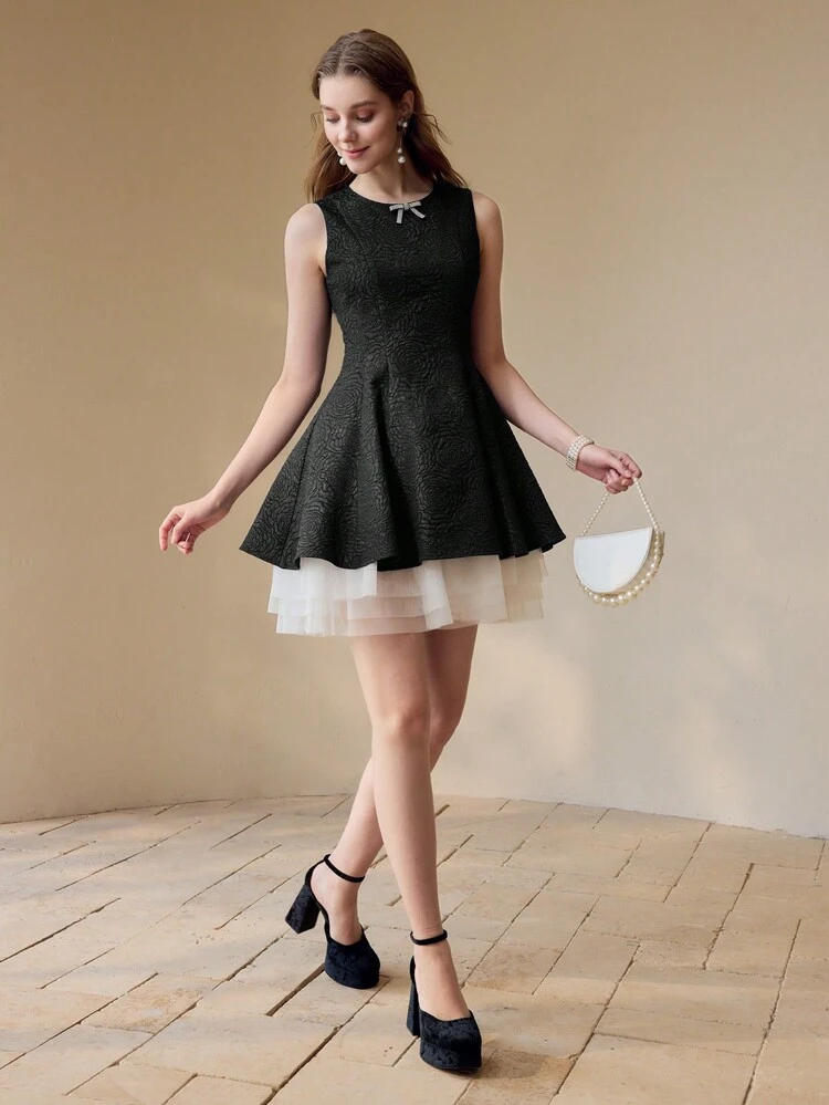 TEXTURED RHINESTONE BOW DECOR DRESS,SPRING/SUMMER