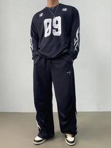 DAZY Conjunto de camiseta de manga larga y pantalón casual de impresión digital para hombres - Azul Marino - Ver 6