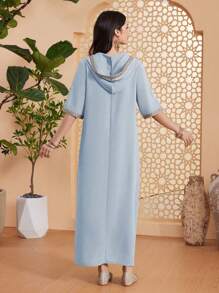 Al Najma 女式拼接织带连帽半袖宽松土耳其连衣裙，朴素的卡夫坦 - 藍色 - 查看 2