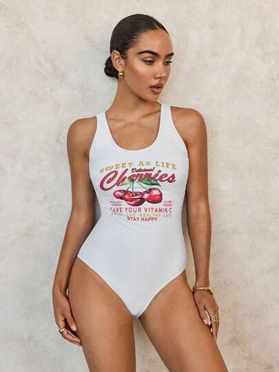 Women's Casual Cherry Print Slogan One-Piece Swimsuit Summer