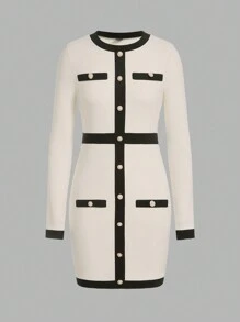 SHEIN Clasi 女士秋冬保暖羊毛拼接圆领长袖修身优雅迷你连衣裙休闲感恩节服装女士连衣裙女士长袖连衣裙