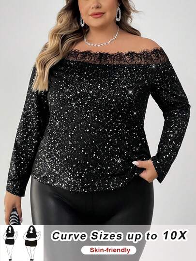 SHEIN CURVE+ 大码蕾丝点缀不对称露肩 T 恤，派对上衣，秋冬