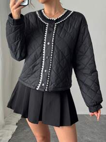 SHEIN Privé Women Casual Contrast Color Trim Winter Jacket - Black - View 6