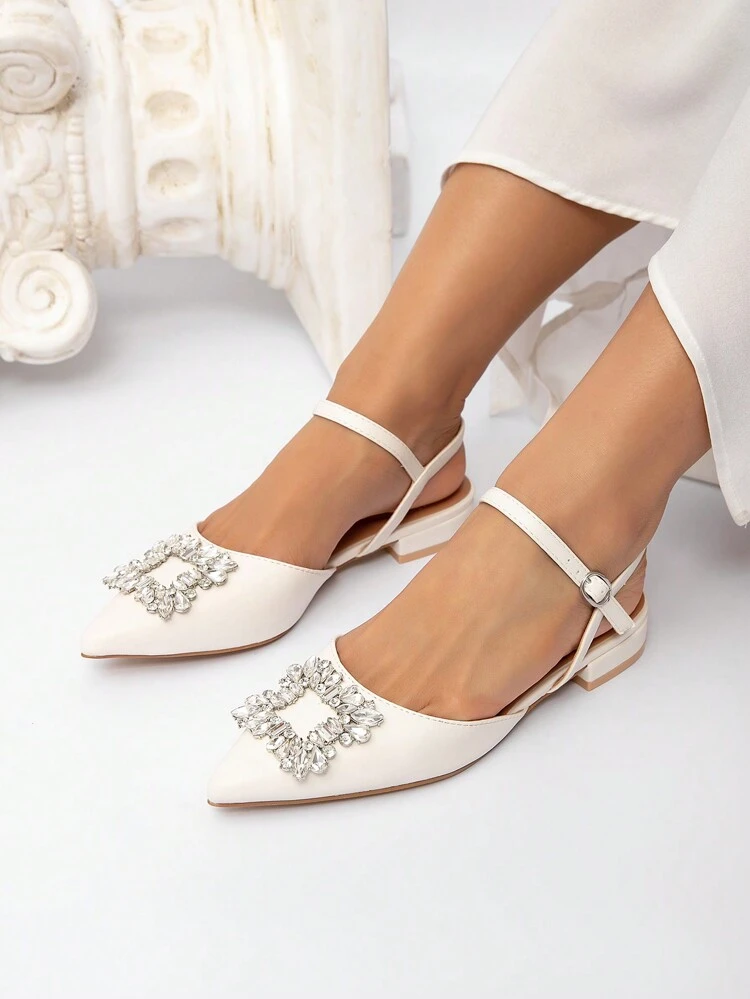 CUCCOO CHICEST Women's Elegant Rhinestone Embellished Pointed Toe Flats, Fashionable And Comfortable PU Leather Classics White Backless Slip-On Shoes, Versatile For Work, Commute, Party, Afternoon Tea Summer Break Easter For Christmas Elegant Shoes Wedding Shoes Summer Shoes Bride Shoes