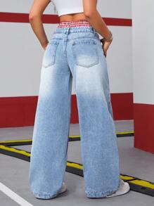 SHEIN ICON Damen Karomuster Gürtel Hüftjeans mit weiter ausgestellter Passform in ausgewaschener Optik