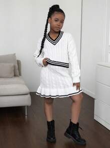 Tween Girl Minimalist School Street Chic Short V-Neck Textured Cable Colorblock Ribbed Sweater & Flared Textured Cable Mini Skirt Set - White - View 6