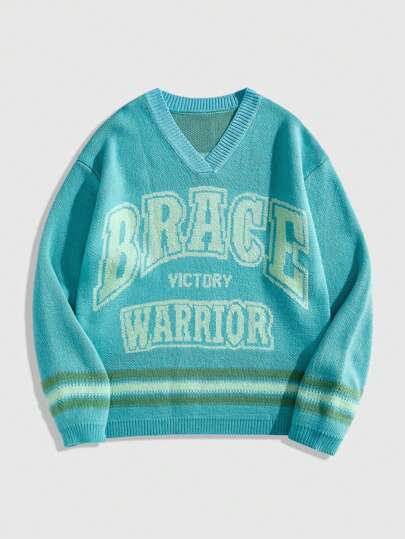 Street Life Fashionable Men's Casual V-Neck Knit Sweater With Vintage Letter Intarsia Design, Loose Fit Winter Pullover