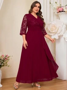 SHEIN Belle 大码优雅编织对比蕾丝 A 字形连衣裙，婚礼宾客礼服