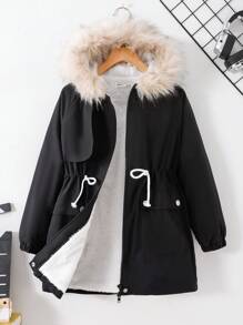 SHEIN Leap Crew Tween Girls' Casual Loose Fit Hooded Jacket, Comfortable Plush Lined Warm Cinched Waist, Suitable For Autumn/Winter - Black - View 1