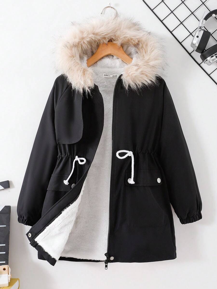 SHEIN Leap Crew Tween Girls' Casual Loose Fit Hooded Jacket, Comfortable Plush Lined Warm Cinched Waist, Suitable For Autumn/Winter - Black - View 1