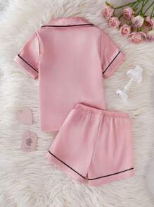 Girls 2pcs Pajama Set, Pink Satin Fabric Short Sleeve Cardigan With Heart Print And Shorts, Casual Homewear