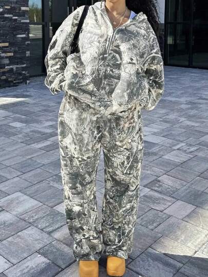 INAWLY Women's Autumn Tree Branch Print Hoodie And Sweatpants 2 Pieces Set