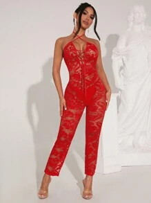 SHEIN SXY 女士性感透明蕾丝交叉吊带紧身连身裤 - 紅色 - 查看 4