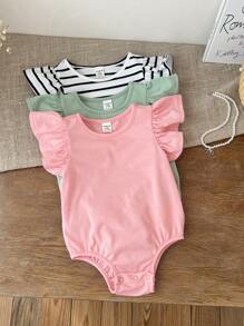 SHEIN LMoss Kids LMoss 3pcs Newborn Baby Girl Cute Summer Knitted Striped Ruffle Bodysuit Set - Multicolor - View 1