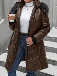 SHEIN LUNE Plus Size Winter Clothes Casual Hooded Coat With Fur Collar - Chocolate Brown - View 3