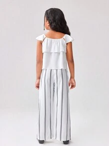 SHEIN Conjunto de 2 piezas para niñas y niñas pequeñas: Top con mangas abullonadas de efecto metálico brillante combinada con falda plisada en línea A, de tela cómoda y suave, adecuada para ocasiones casuales, salidas, fiestas, vacaciones y la escuela