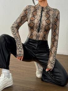 SHEIN Unity Leopard Print Lapel Collar Long Sleeve Slim Fitted Bodysuit