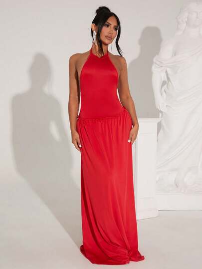 SHEIN SXY Prom Dress;Summer;Women's Solid Color Backless Dress, Sexy