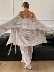 DAZY 3pcs/Set Elegance Tree Pattern Printed Robe With Camisole & Long Pants Pajama Set - Khaki - View 2