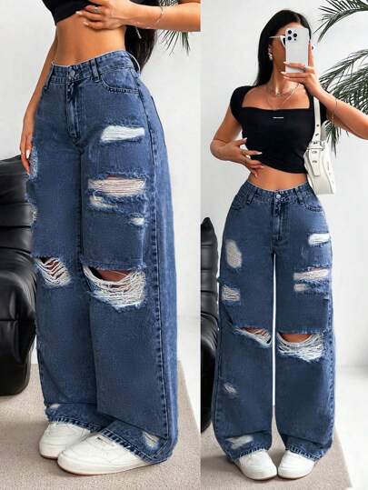 SHEIN EZwear Pantalones vaqueros sencillos de mujer con bolsillo delantero, con efecto desgastado, para uso casual diario