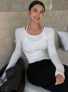 DAZY 纯色修身圆领白色长袖拼布女式 T 恤，秋季服装