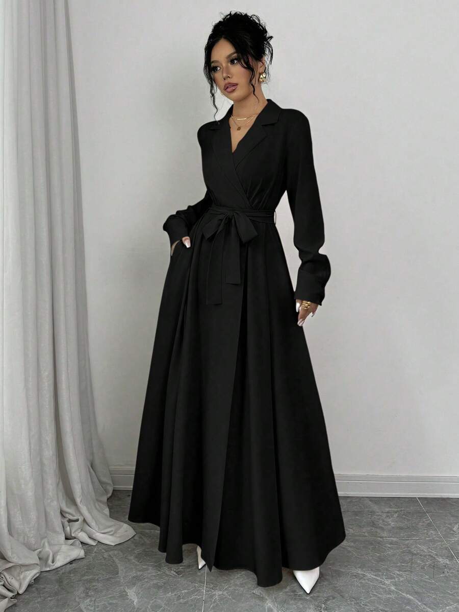 Selianne Elegant Collared Waist Pleated Cinched Waist Design Dress Fall Cloth For Women