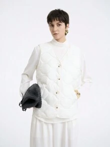 SHEIN LUNE 女士纽扣绗缝纯色休闲背心加厚外套冬季服装 - 米色 - 查看 3