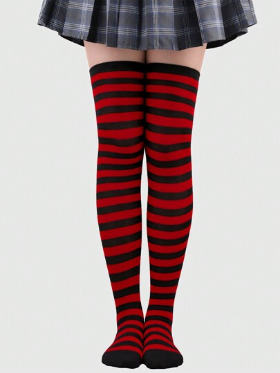 Anime 1 par de medias altas delgadas a rayas para mujer, minimalista y versátil