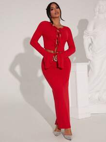 SHEIN SXY Damen Outfit-Set aus einfarbigem Crop Top mit Bindeband und Glockenärmeln sowie langem figurbetontom Bleistiftrock, 2-teilig - Bordeaux - Übersicht 5