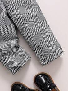 SHEIN 2 件男婴绅士风格千鸟格印花西装外套和格子裤套装，带可拆卸蝴蝶结，适合派对和学校，秋冬季 - 彩色 - 查看 8