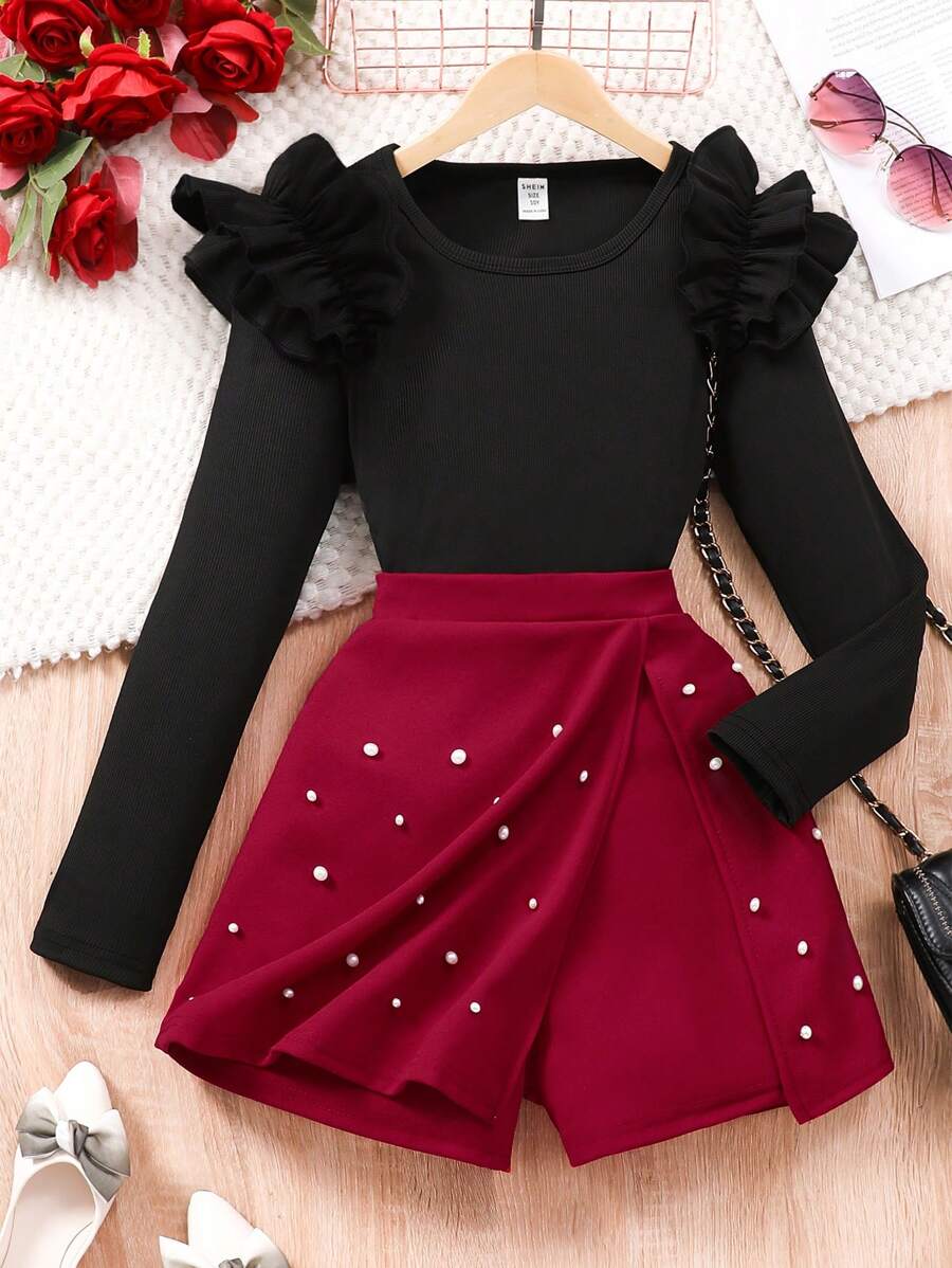 Tween Girls Ruffled Shoulder Long Sleeve Top + Faux Pearl Decor Skort 2pcs Set - Red - View 1
