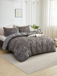 3 Stücke Polyester, weich & bequem, grau geschnittenes Blättermuster, Moderne Bettwäsche-Set (1 Bettbezug + 2 Kissenbezüge, ohne Füllung), geeignet für Heim-Dekoration, Schlafzimmer Nutzung, Ganzjährig