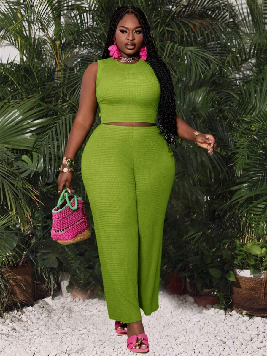 Slaydiva Plus Size Elegant Basic - Elastic Knitted Textured Fitted Green Tank Top & Pants Set - Olive Green - View 1